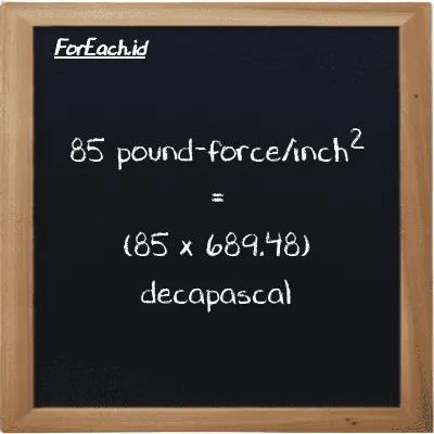 How to convert pound-force/inch<sup>2</sup> to decapascal: 85 pound-force/inch<sup>2</sup> (lbf/in<sup>2</sup>) is equivalent to 85 times 689.48 decapascal (daPa)